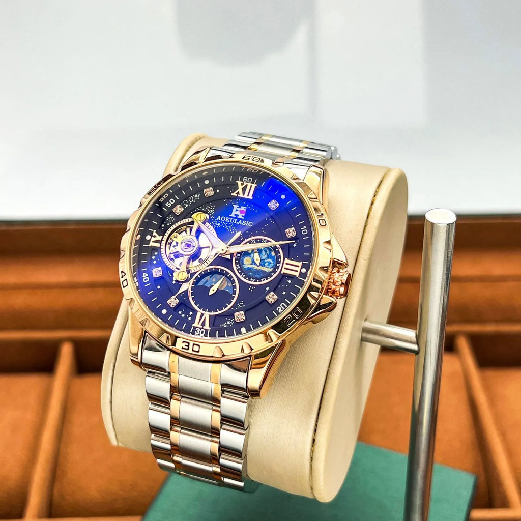 Automatic mechanical men's watch with rose gold casing and black dial