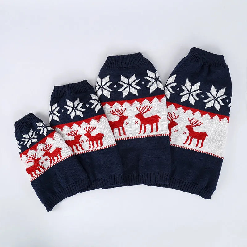 Navy blue knitted Christmas sweater for dogs on mannequin showing European-American style design