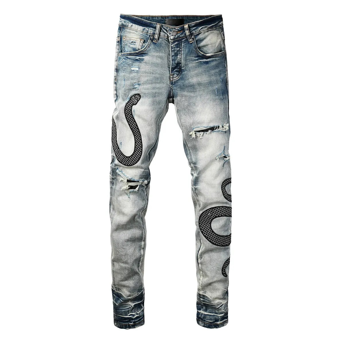 Distressed skinny jeans in mid-wash blue with street fashion styling and micro elasticity cotton fabric