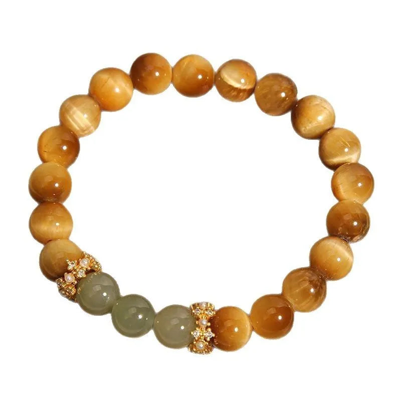 Natural yellow tiger's eye and Hetian jade bead bracelet in a U-shape, showing golden gourd design.