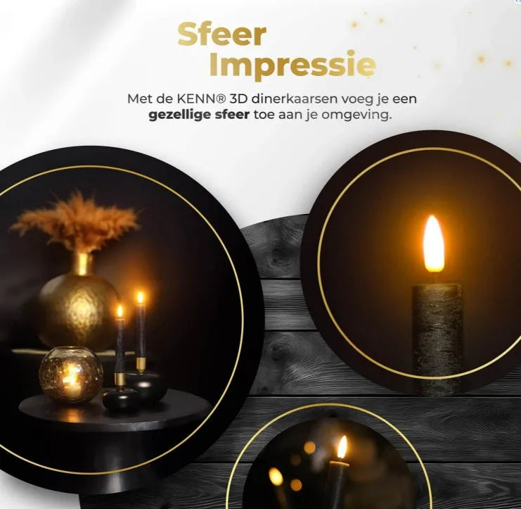 Four black LED taper candles with realistic 3D flame effect, showing flickering yellow light