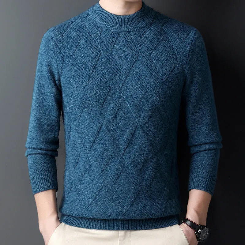 Men's diamond jacquard thermal pullover sweater in multiple colours showing textured pattern.
