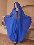 Purple Muslim style chiffon cape shawl with rhinestone beading showing length and decorative detail