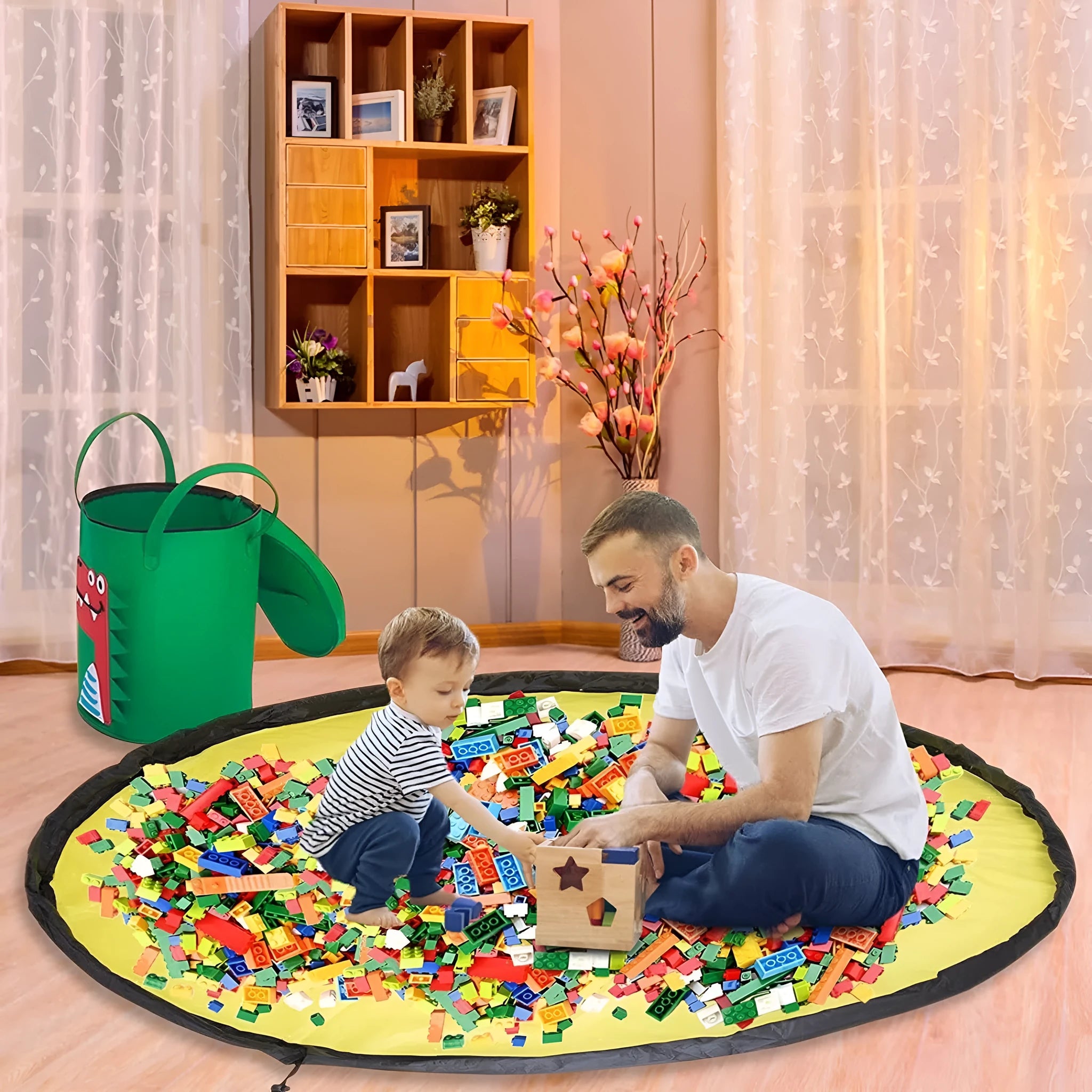 Green felt cube storage bag with pull rope closure, shown open flat as a play mat.