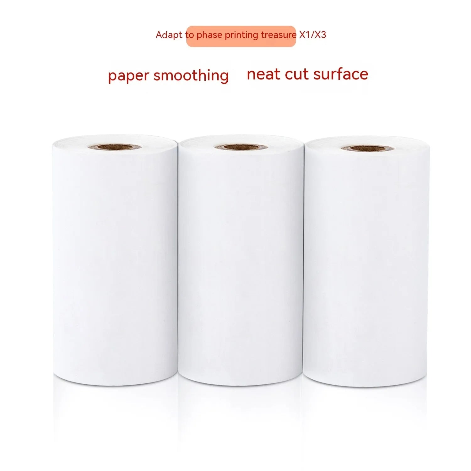 A box containing three rolls of white 57mm wide thermal paper for small printers.