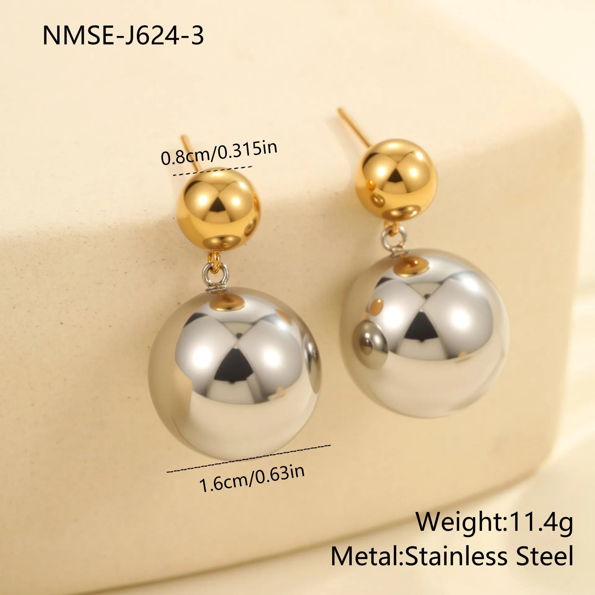 Stainless steel colour-block ear studs with round sphere beads and 18K gold electroplated finish