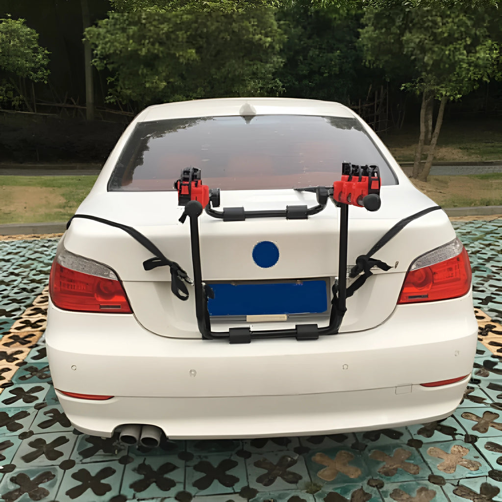 Black and red boot-mounted car bike rack with iron frame measuring 73x50cm