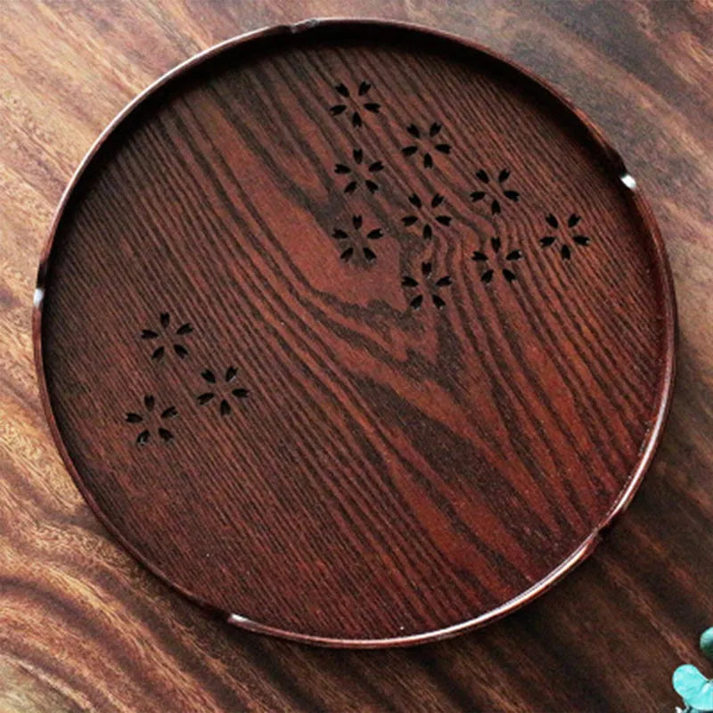 Wooden hollow Sakura shallow plate with cherry blossom cut-out pattern for dessert serving
