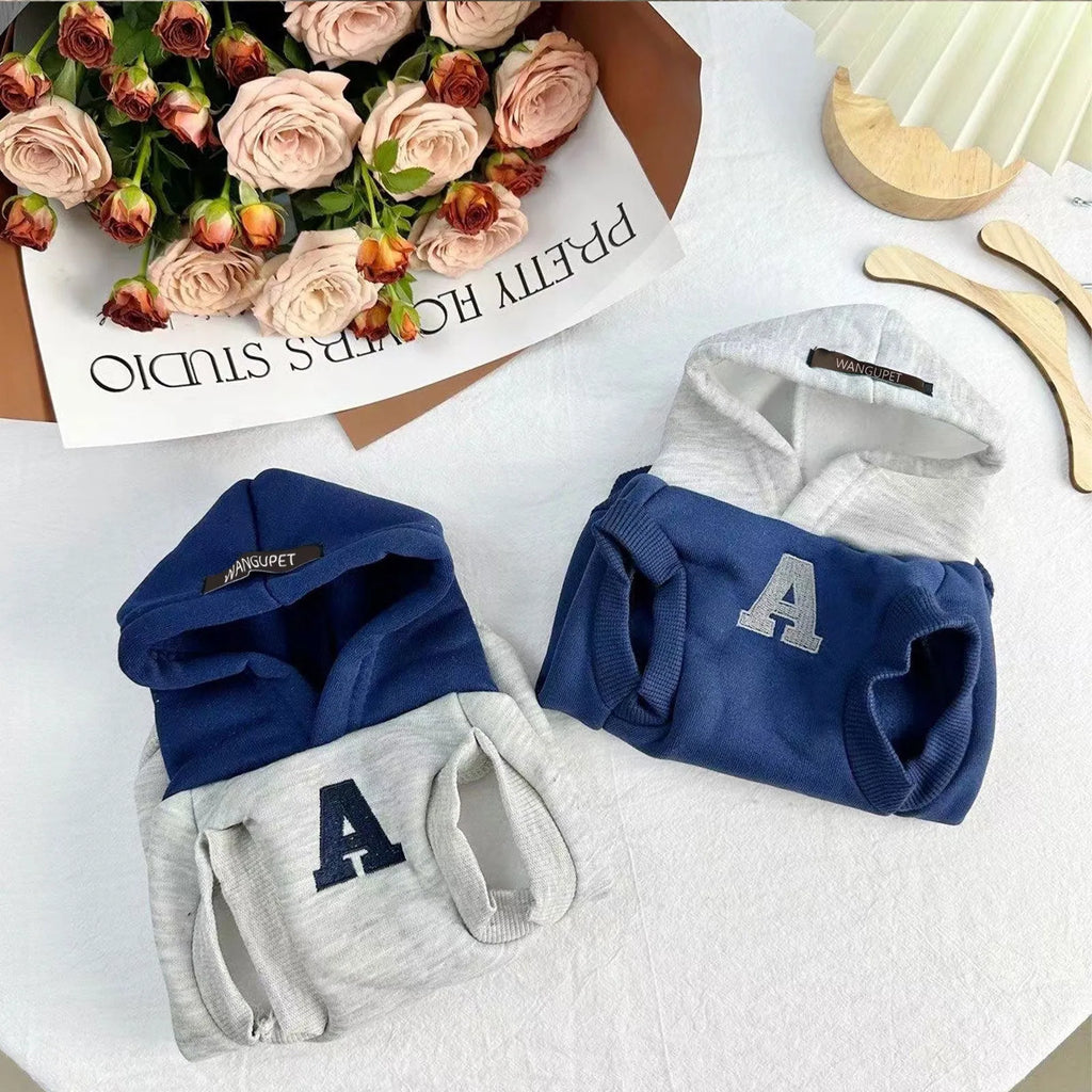 Blue and grey white polyester pet hoodie sweater with reflective lettering for dogs and cats