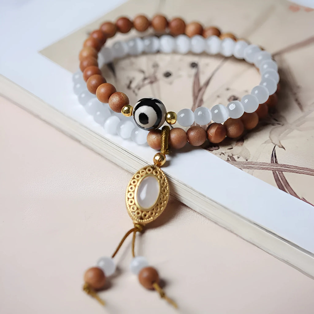 Sandalwood opal double ring bracelet with mixed materials and retro styling