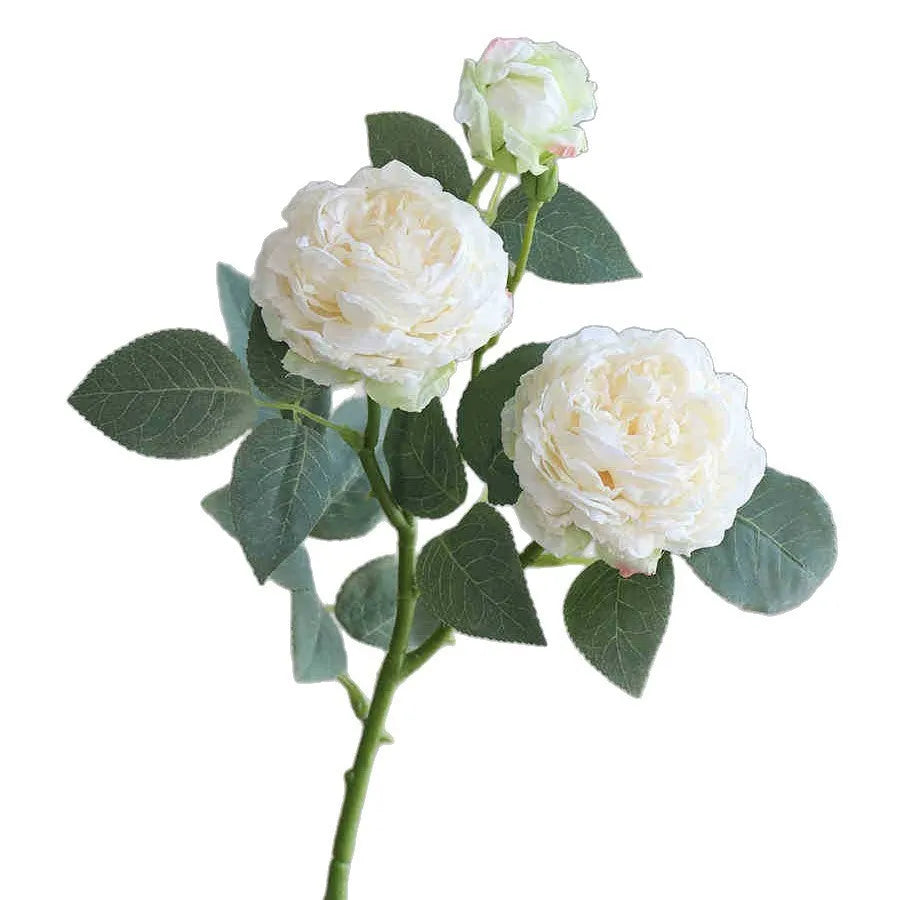 Three-head emulational silk rose stem with baking edge, beige colour, for home decor or wedding props