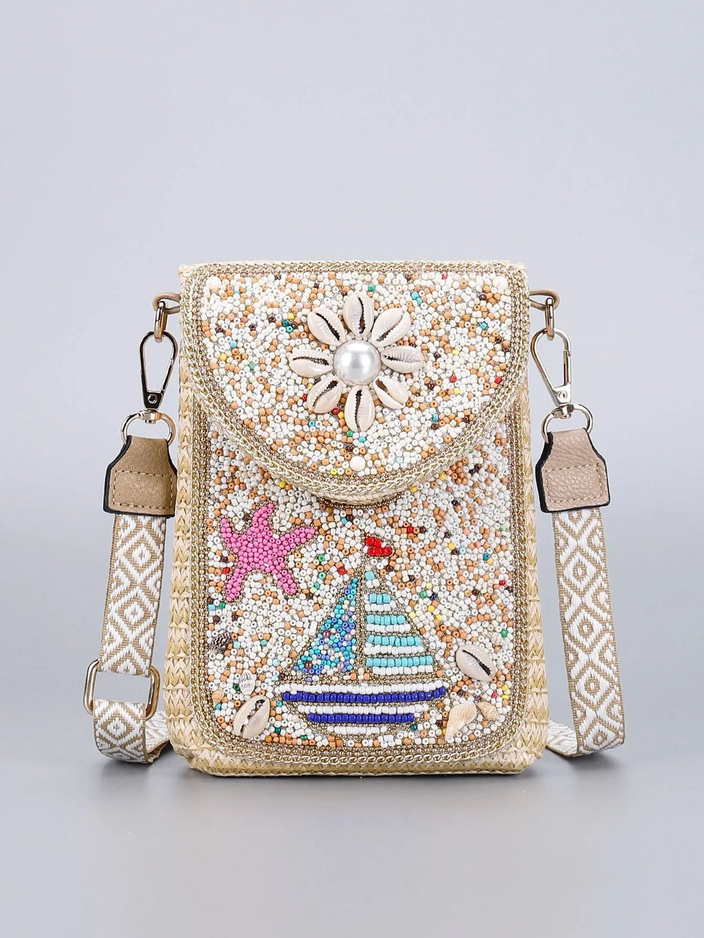 Rice bead straw woven women's crossbody shoulder bag square vertical shape with phone pocket