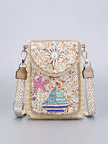 Rice bead straw woven women's crossbody shoulder bag square vertical shape with phone pocket