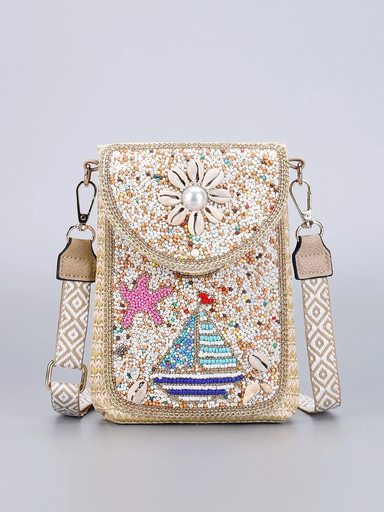 Rice bead straw woven women's crossbody shoulder bag square vertical shape with phone pocket