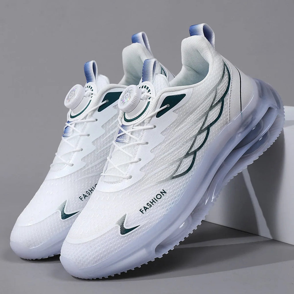 White men's casual running shoes with rotating button closure and mesh upper