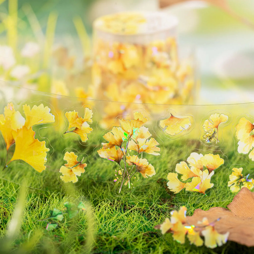 Deciduous Poetry Series decorative PET sticker roll in six colours, showing 40mm width and leaf-themed patterns.