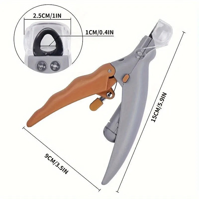 Yellow pet nail trimmer with LED lights, magnifying glass, and comfortable grip for cutting cat and dog claws.