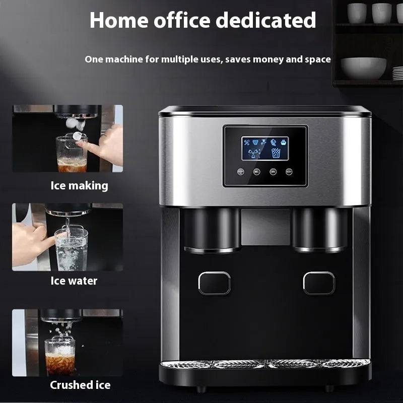 Black desktop ice maker with stainless steel components showing ice production, crushing, and water dispensing functions