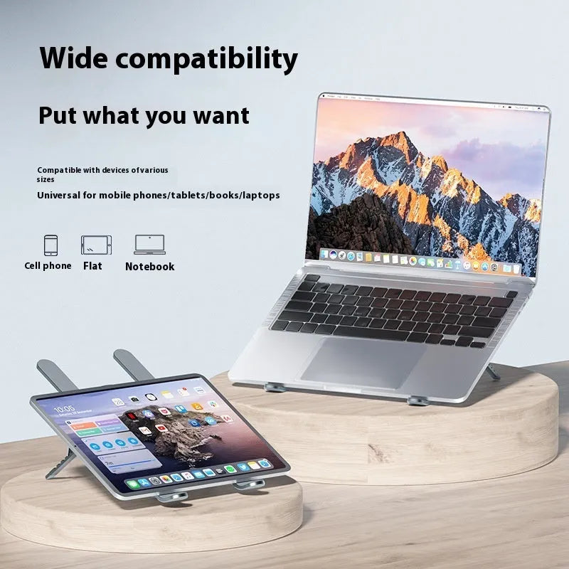 Silver aluminium laptop cooling stand with twin fans in folded position beside laptop