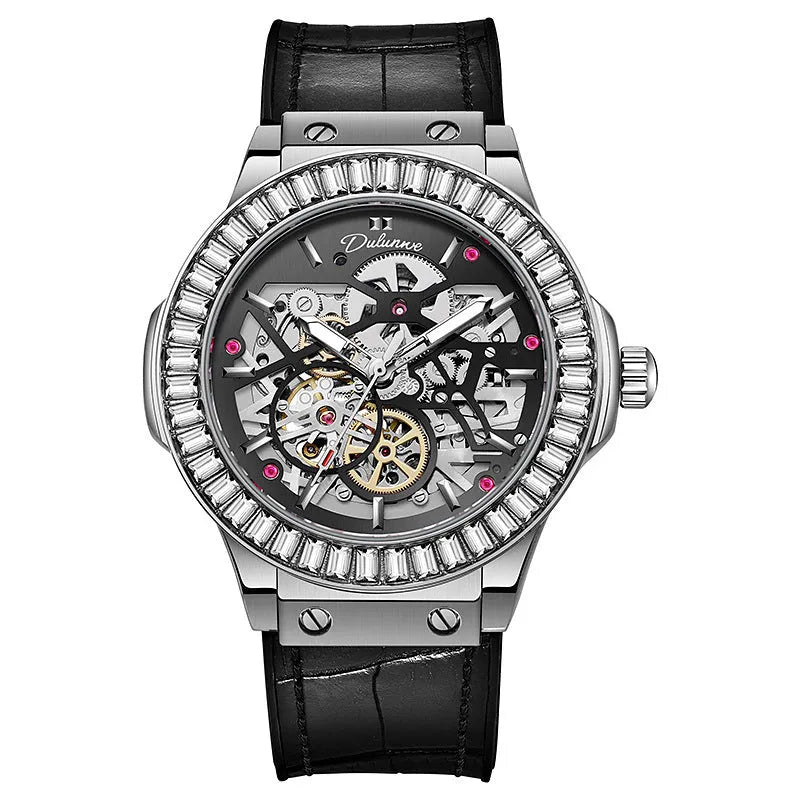 Automatic mechanical men's watch with hollow movement design and diamond studding on white shell