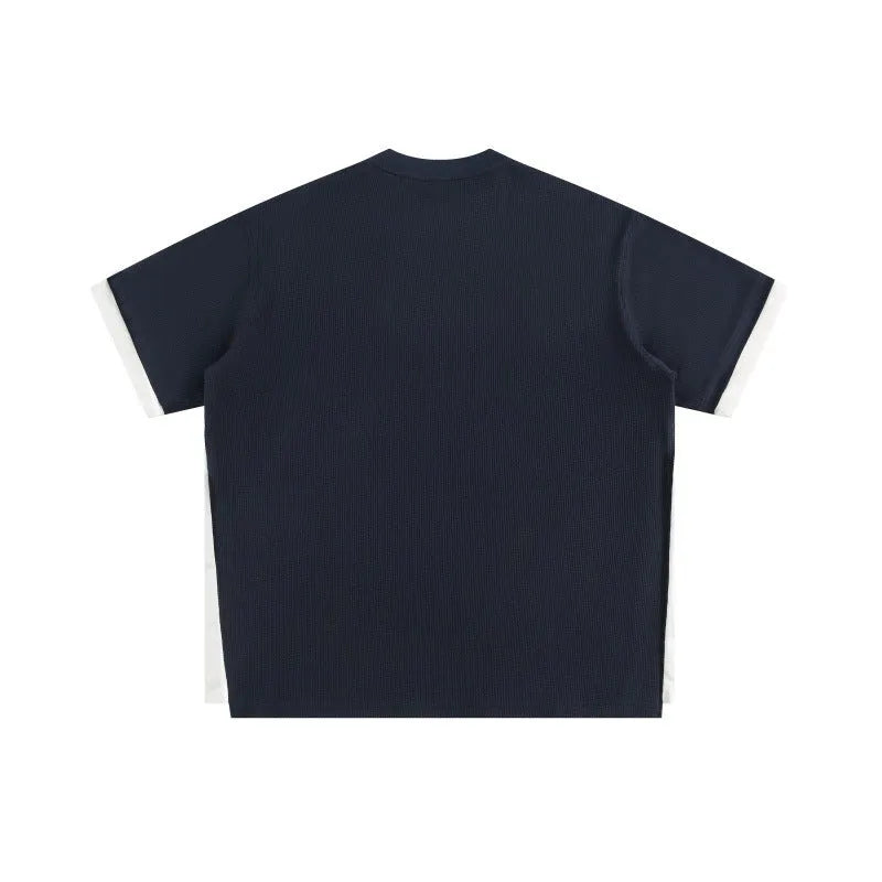 Retro alphabet embroidered loose fit t-shirt in navy blue with fake two-piece design