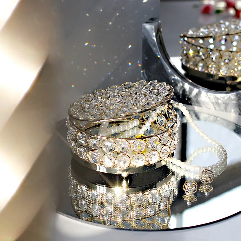 Crystal glass transparent jewellery storage box with French gold metal frame and European-style design
