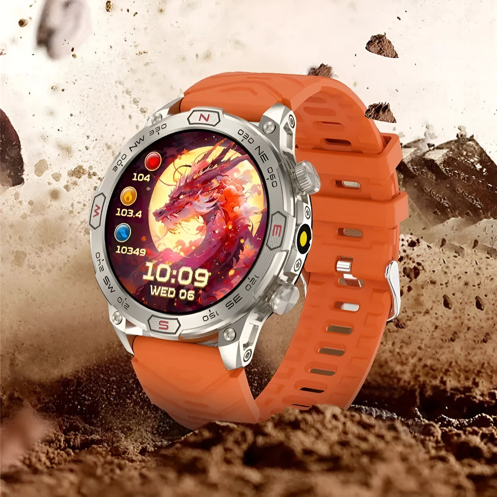 Black sports smartwatch with AMOLED screen on a silicone strap, showing fitness data.
