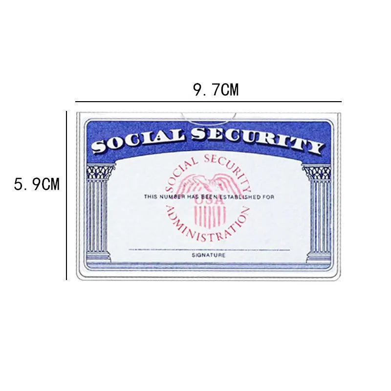 Transparent PVC social security card holder showing card protection with 9.7x5.9cm dimensions