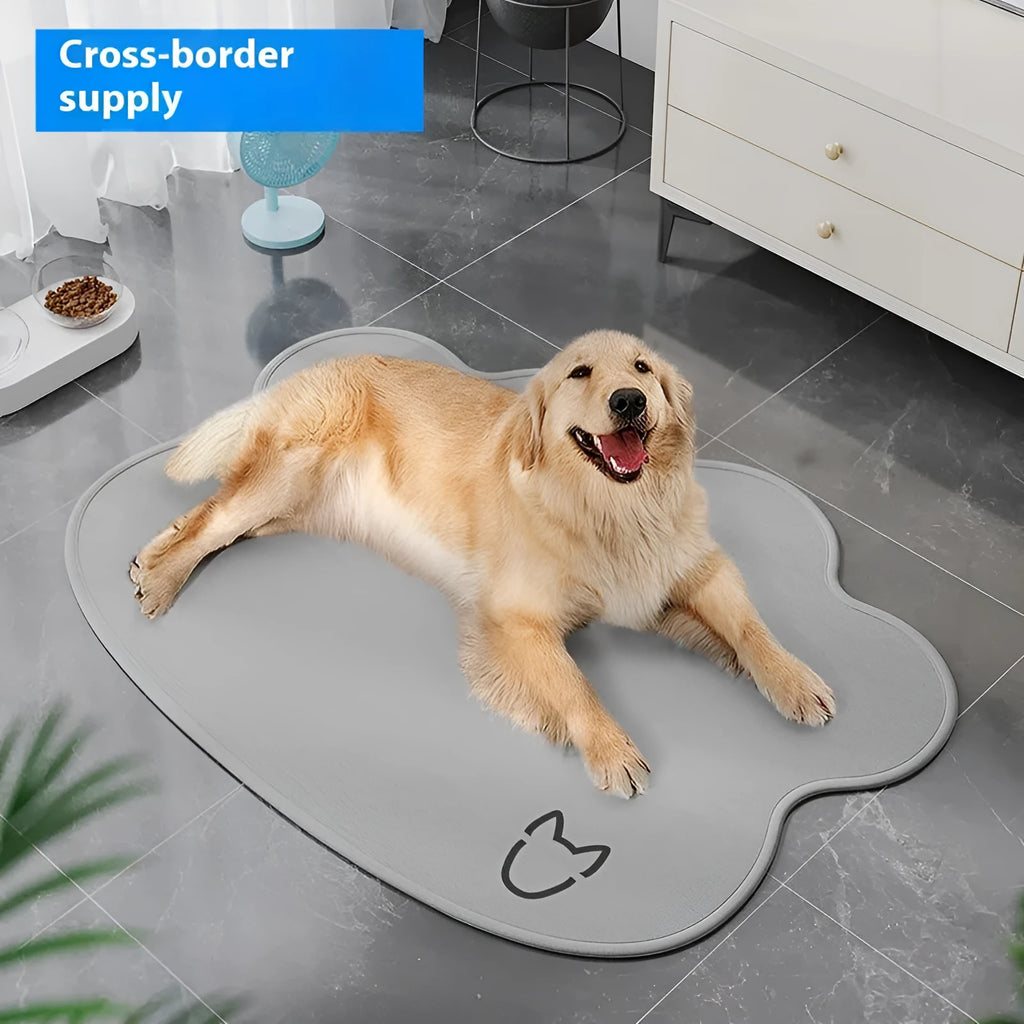 Light grey dog head shaped ice silk cooling mat for pets on a wooden floor.