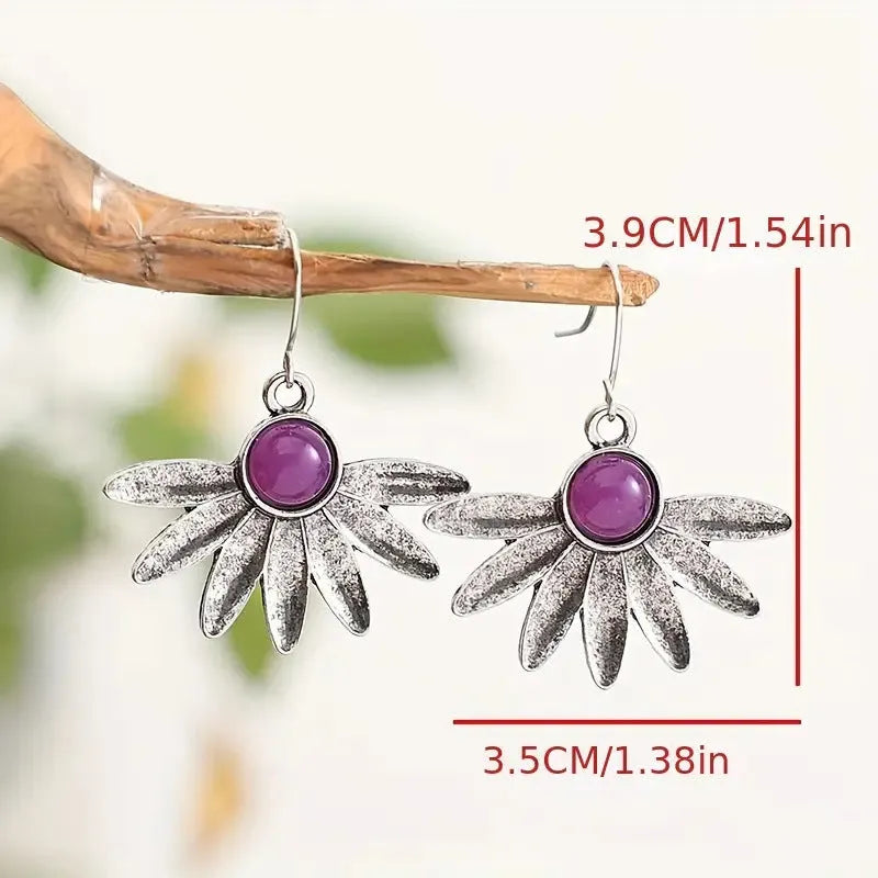 Purple Bohemian style resin gemstone flower earrings with animal zodiac design on alloy background
