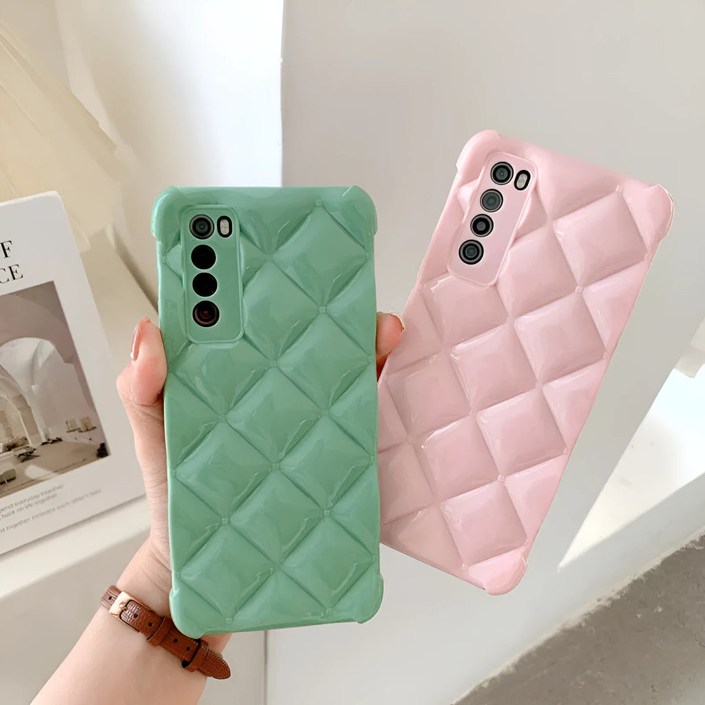 Silicone phone back cover case for Huawei models in solid black, green, pink, or white.