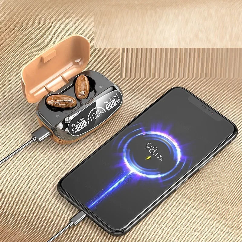 M35 wood grain finish TWS Bluetooth headphones with charging case