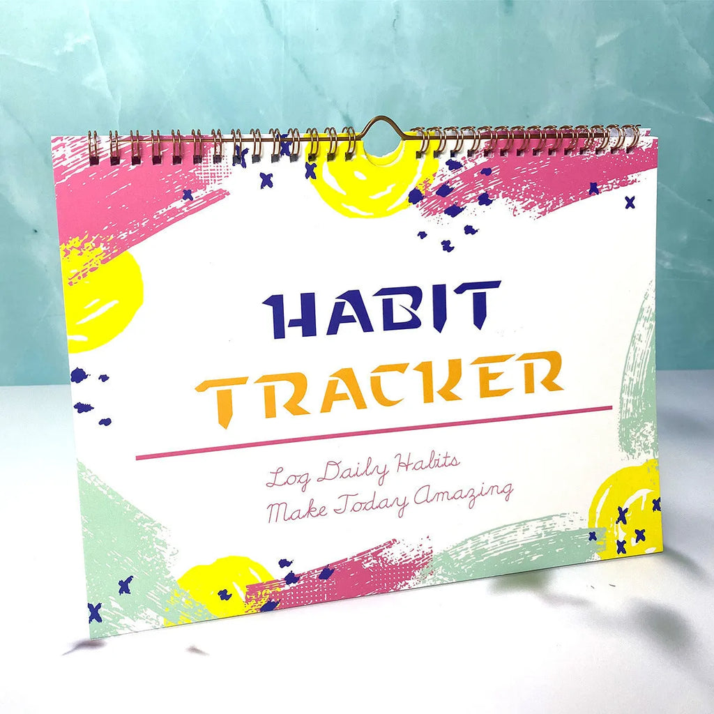 Habit tracking planner showing 12 internal pages in A4 21x28cm size with colour options