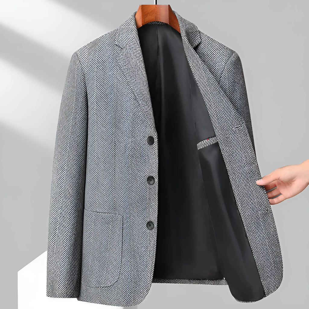 Men's solid colour loose-fit wool coat shown in black, suitable for spring and autumn casual wear