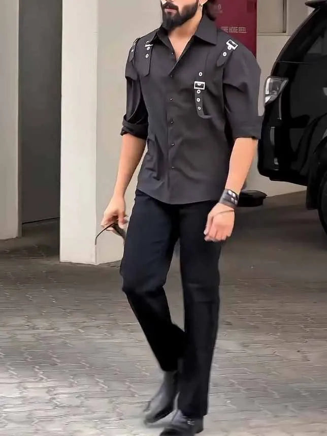 Men's black utility style button-up shirt with regular fit, made from polyester for daily casual wear.