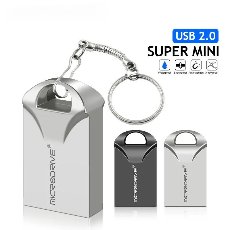 Compact black and silver metal USB flash drive showing mini size and high-speed capacity options.