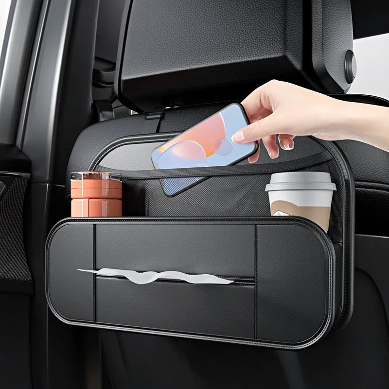 Black leather car seat rear storage bag with adjustable dividers for vehicle organisation