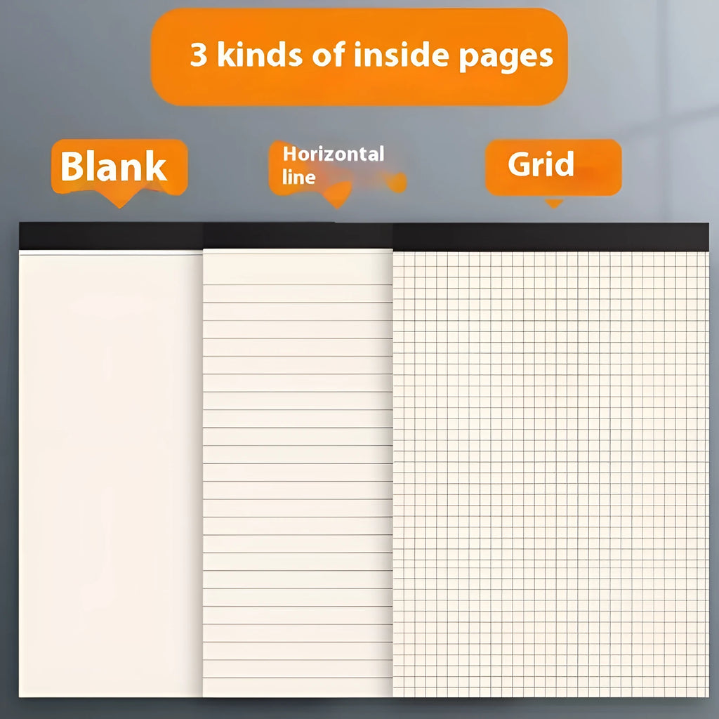 A5 and B5 tearable writing pads showing blank, grid, and horizontal line page styles.