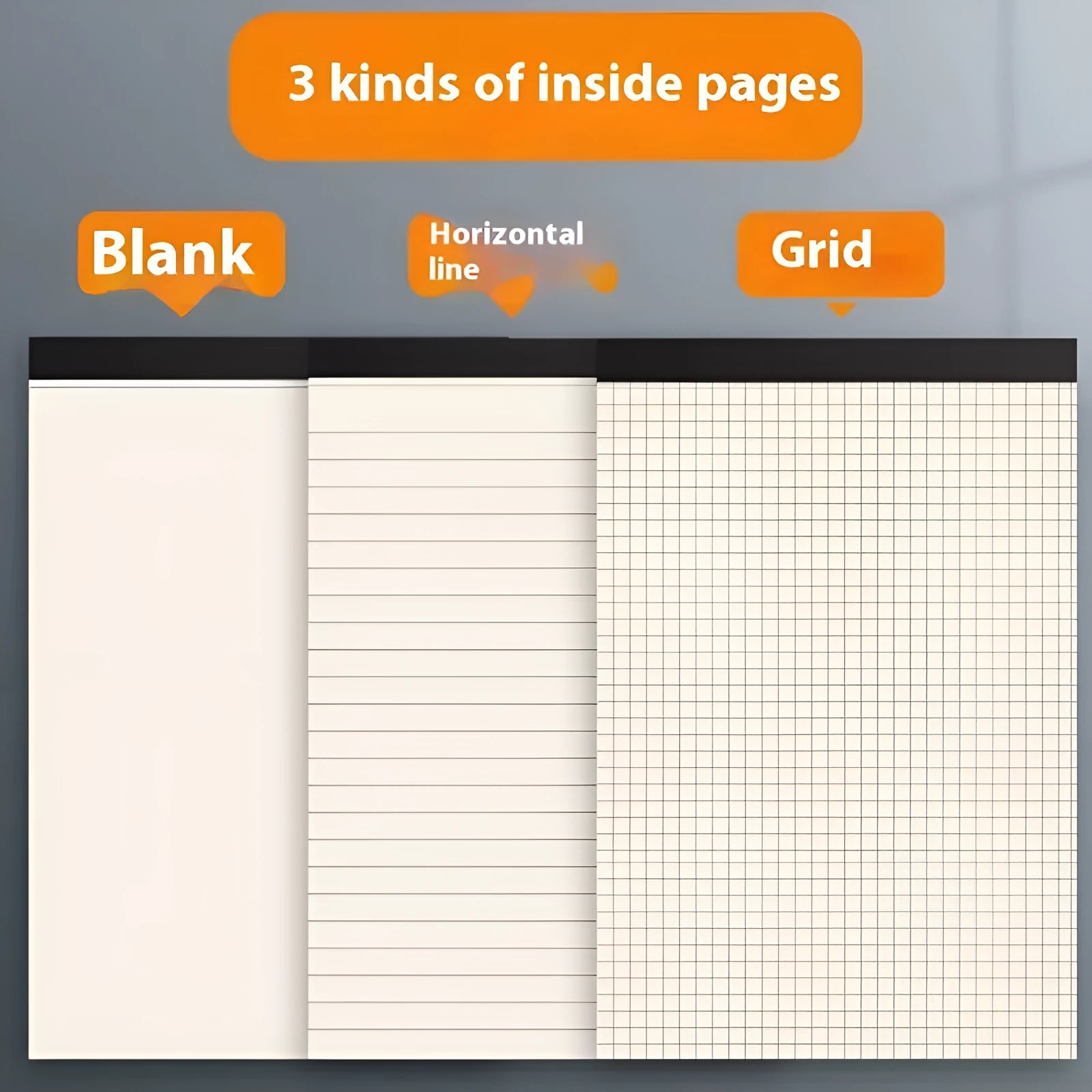 A5 and B5 tearable writing pads showing blank, grid, and horizontal line page styles.