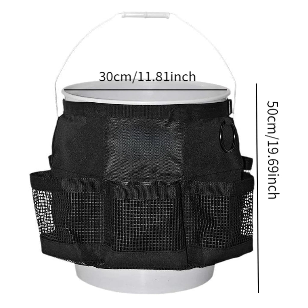 Black cylindrical waterproof polyester storage bag hanging with car washing tools and fishing equipment