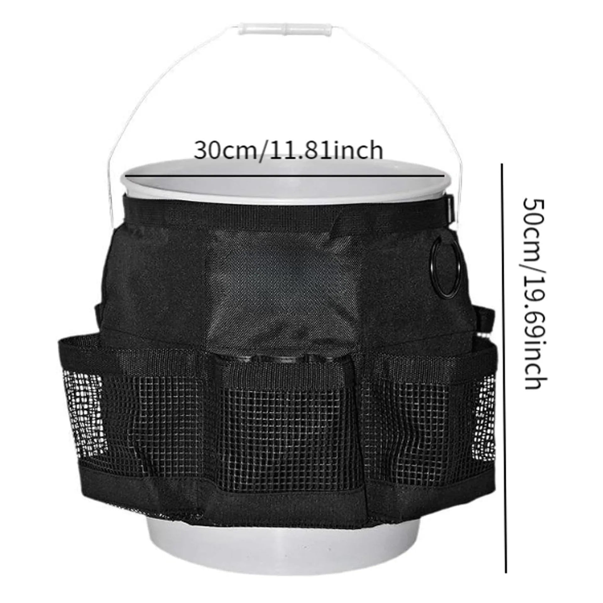 Black cylindrical waterproof polyester storage bag hanging with car washing tools and fishing equipment