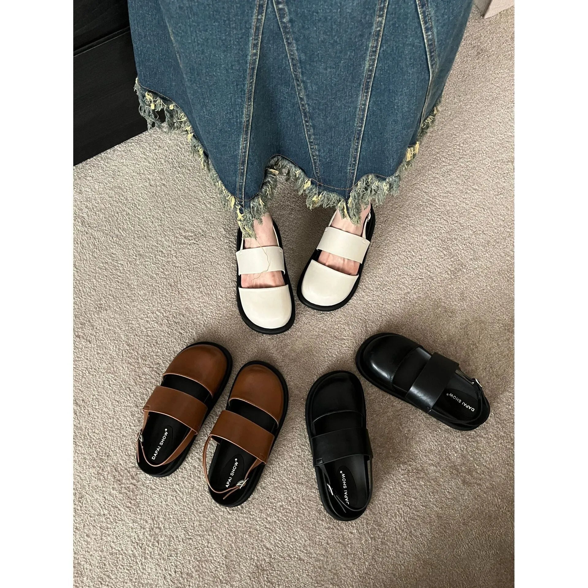 Korean style closed toe sandals with an ankle strap buckle in black, brown, and apricot colours.