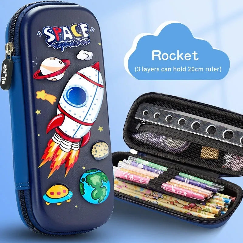 3D leather pencil case with decorative design options including astronauts, dinosaurs and mermaids