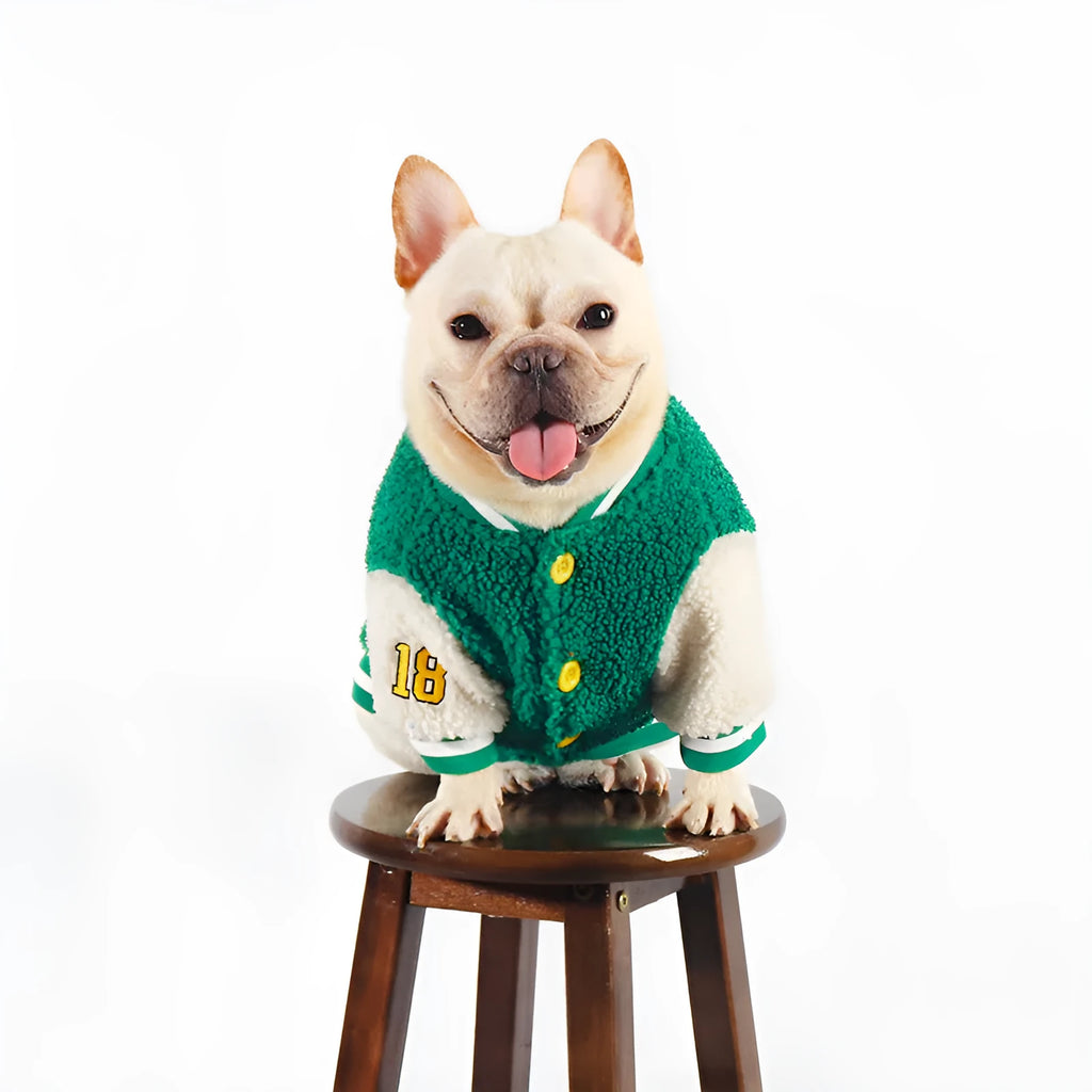 Green fleece-lined dog winter jacket shown in sizes L, XL, XXL, 3XL, and 4XL