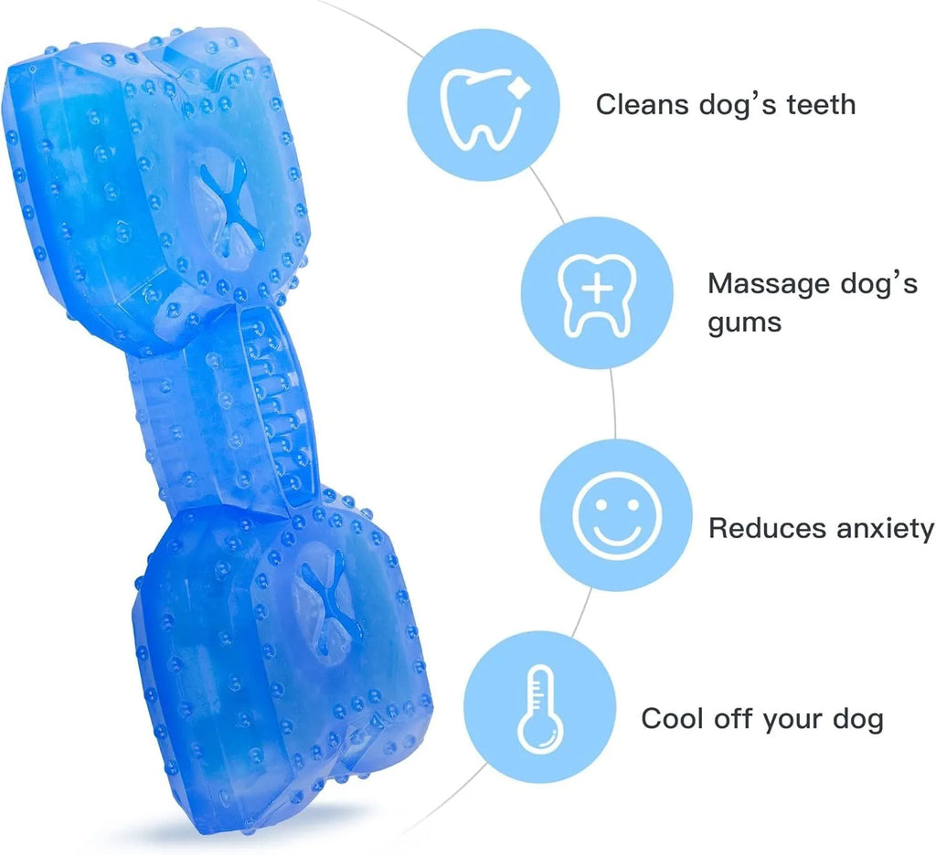 A freezable bone-shaped dog chew toy with a treat cavity, shown alongside a circle-shaped variant.