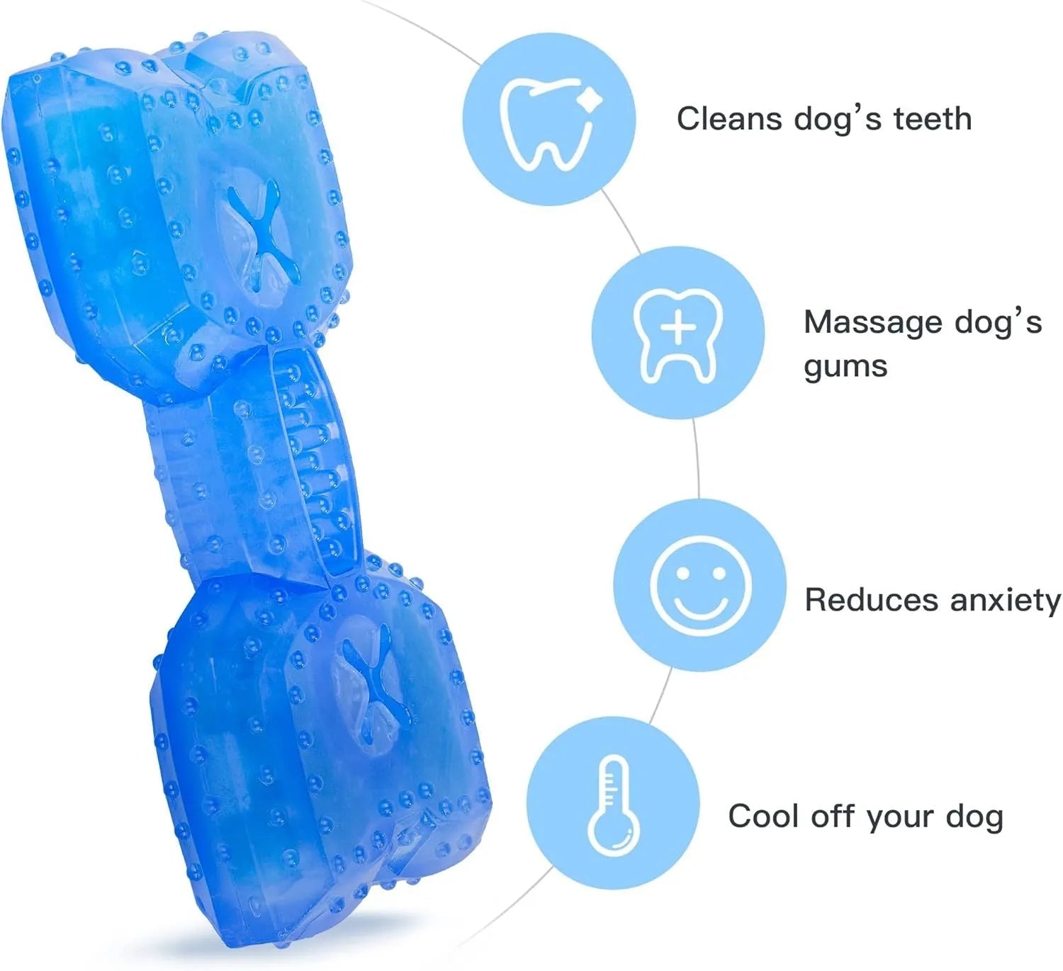 A freezable bone-shaped dog chew toy with a treat cavity, shown alongside a circle-shaped variant.