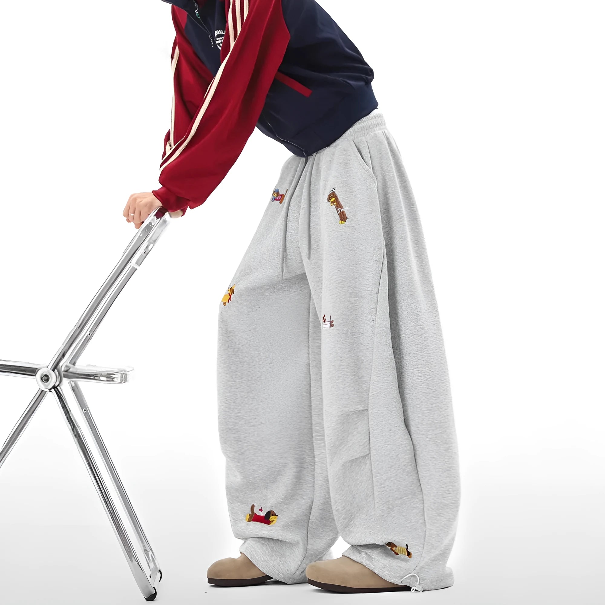 Lazy sausage dog embroidered machete sweatpants in gray, loose-fit polyester autumn casual trousers