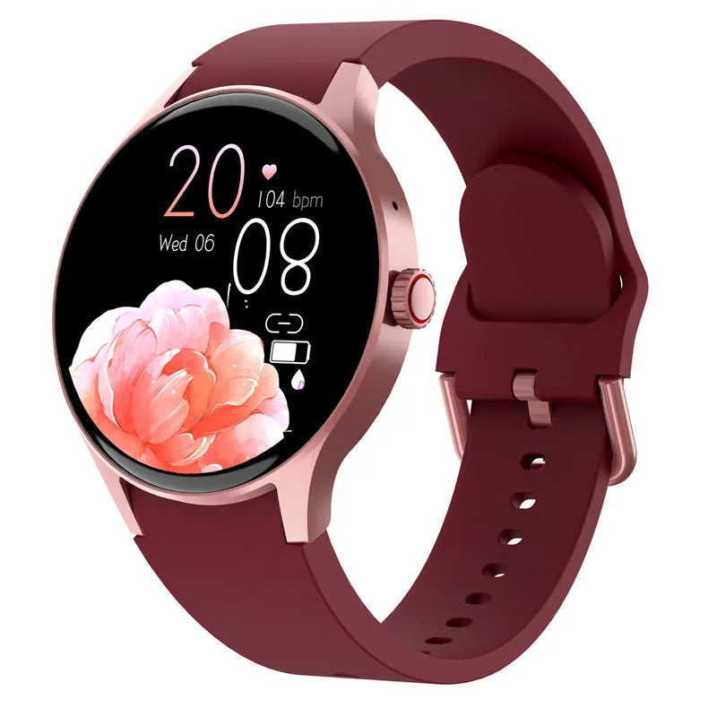 Black smart sport watch with a round touchscreen on a wrist, showing a fitness tracking interface.