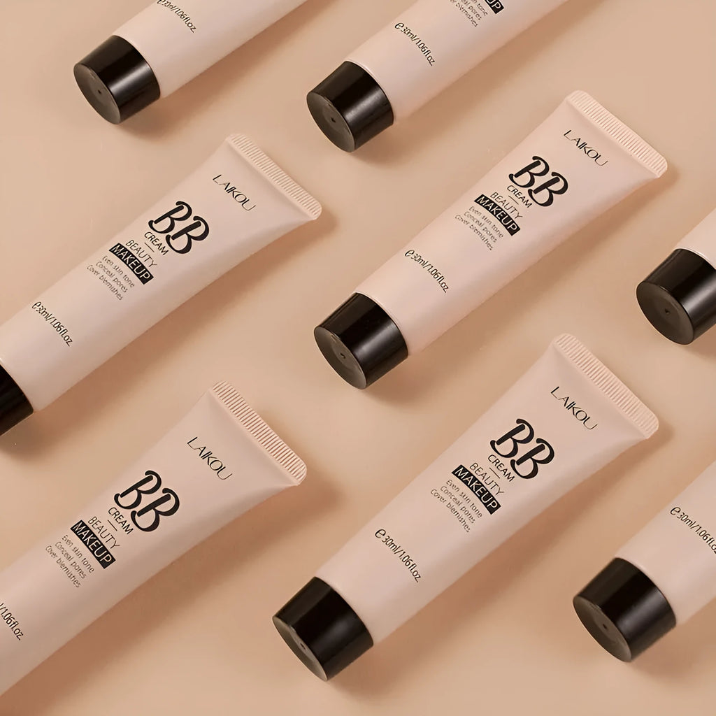 30ml tube of natural BB cream showing nine shade options from ivory white to brown