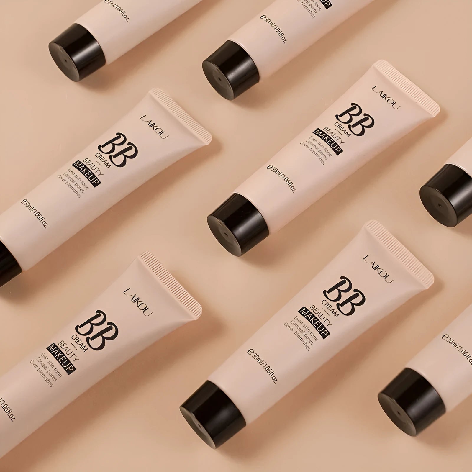 30ml tube of natural BB cream showing nine shade options from ivory white to brown